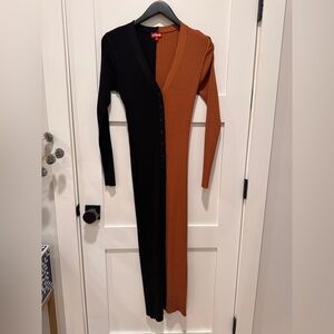 Staud Two-Tone Black and Brown Ribbed Maxi Dress